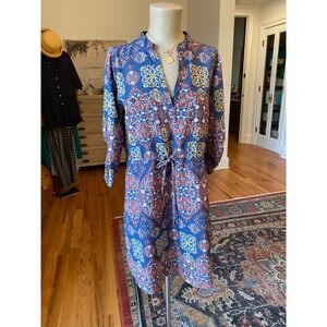 Indulge In Style Blue Medallion Print Roll Tab Sleeve Shirt Dress Womens Medium
